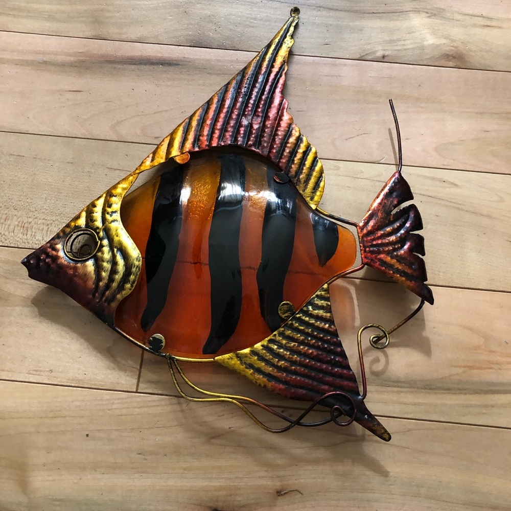 Glass Orange and Black Striped Metal Fish Wall Art
